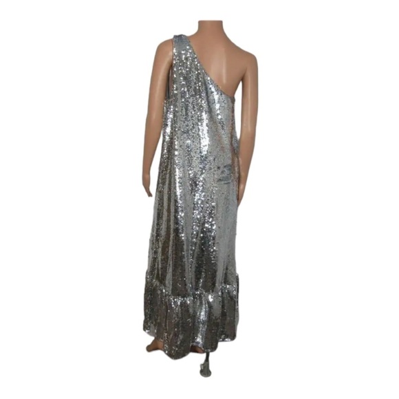 MAEVE Anthropologie One Shoulder Sequin Ruffle Maxi Dress Silver Medium NWT - Picture 9 of 11